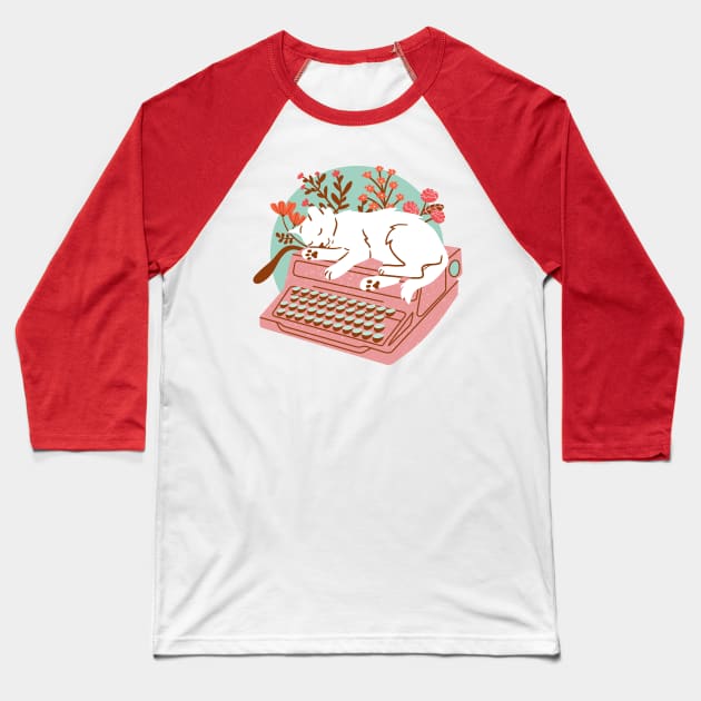 Typewriter and Cat Baseball T-Shirt by Wlaurence